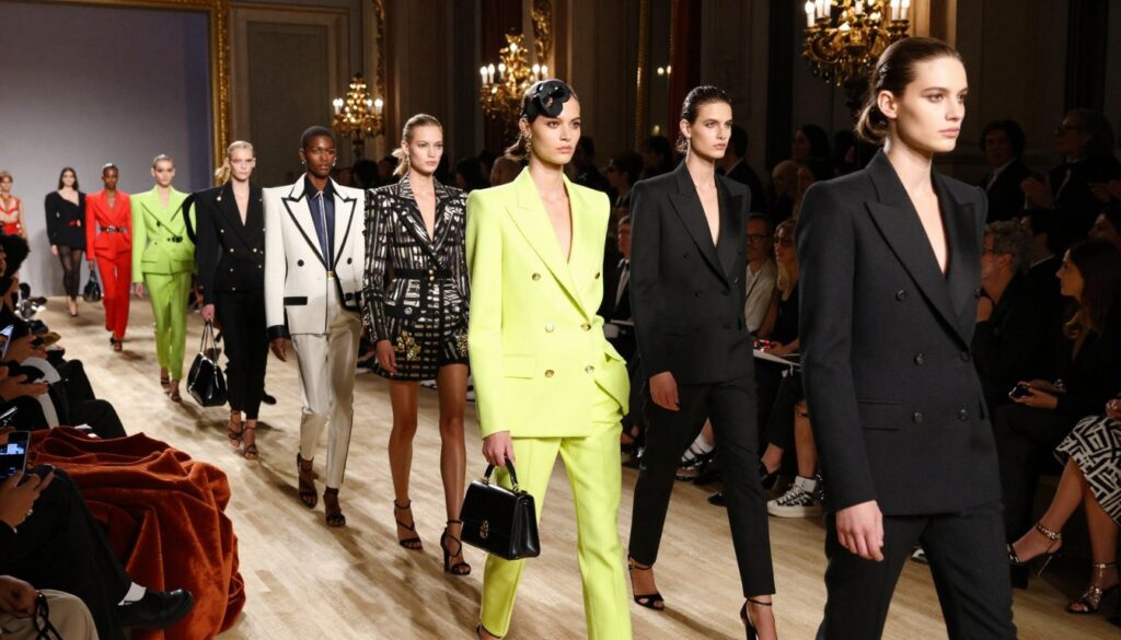 A stylish, high-fashion runway scene showcasing the distinctive collections and style of Balmain. In the foreground, a diverse group of models in elegant, tailored outfits featuring bold colors, unique silhouettes, and intricate detailing, all exemplifying the brand's signature aesthetic. The middle ground highlights an opulent runway setting adorned with plush fabrics and lavish decor that reflects Parisian luxury. The background captures a softly lit, glamorous ambiance, with spotlights illuminating the runway and a chic, sophisticated audience observing the show. The atmosphere is vibrant yet refined, evoking a sense of haute couture elegance. The image should convey a sense of confidence and modernity, highlighting the exclusivity of the Balmain brand. A stylish, high-fashion runway scene showcasing the distinctive collections and style of Balmain. In the foreground, a diverse group of models in elegant, tailored outfits featuring bold colors, unique silhouettes, and intricate detailing, all exemplifying the brand's signature aesthetic. The middle ground highlights an opulent runway setting adorned with plush fabrics and lavish decor that reflects Parisian luxury. The background captures a softly lit, glamorous ambiance, with spotlights illuminating the runway and a chic, sophisticated audience observing the show. The atmosphere is vibrant yet refined, evoking a sense of haute couture elegance. The image should convey a sense of confidence and modernity, highlighting the exclusivity of the Balmain brand.