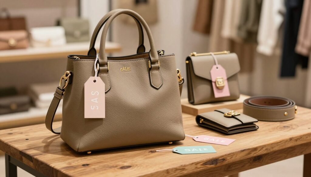 A stylish khaki handbag elegantly placed on a rustic wooden table, surrounded by seasonal sale tags in soft pastel colors. In the foreground, the bag features intricate stitching and subtle texture details, emphasizing its high quality. The middle ground showcases several stylish khaki accessories, such as a wallet and belt, artfully arranged to create a cohesive look. In the background, a blurred boutique interior hints at a chic shopping environment with warm, inviting lighting, casting soft shadows that enhance the atmosphere. A shallow depth of field focuses attention on the products, creating an intimate shopping vibe that captures the essence of seasonal sales and exclusive deals. A stylish khaki handbag elegantly placed on a rustic wooden table, surrounded by seasonal sale tags in soft pastel colors. In the foreground, the bag features intricate stitching and subtle texture details, emphasizing its high quality. The middle ground showcases several stylish khaki accessories, such as a wallet and belt, artfully arranged to create a cohesive look. In the background, a blurred boutique interior hints at a chic shopping environment with warm, inviting lighting, casting soft shadows that enhance the atmosphere. A shallow depth of field focuses attention on the products, creating an intimate shopping vibe that captures the essence of seasonal sales and exclusive deals.