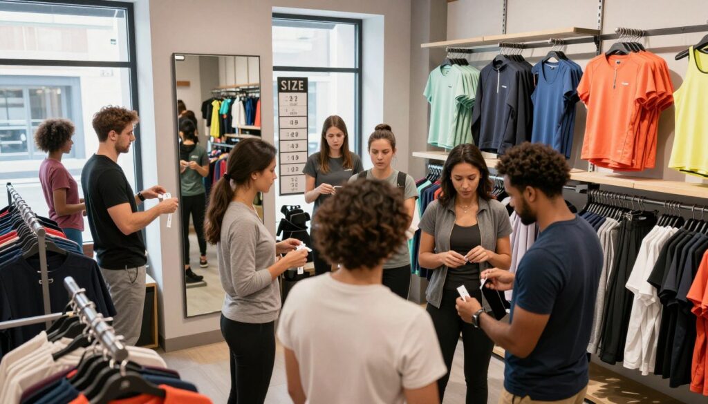 A stylish, modern clothing store interior showcasing various sizes of sports attire on neatly organized racks. In the foreground, a diverse group of individuals, dressed in smart-casual wear, are engaged in a fitting session, examining tags and discussing size selections with a knowledgeable staff member. The middle ground features a large mirror reflecting the fitting area, emphasizing the importance of proper sizing. Soft, natural lighting filters in from the large windows, creating a welcoming ambiance. In the background, vibrant athletic wear in different sizes is artfully displayed, with size charts visible on the walls, enhancing the overall theme of choosing the right clothing size. The atmosphere feels informative and engaging, encouraging the viewer to think about the importance of correct sizing in daily wear. A stylish, modern clothing store interior showcasing various sizes of sports attire on neatly organized racks. In the foreground, a diverse group of individuals, dressed in smart-casual wear, are engaged in a fitting session, examining tags and discussing size selections with a knowledgeable staff member. The middle ground features a large mirror reflecting the fitting area, emphasizing the importance of proper sizing. Soft, natural lighting filters in from the large windows, creating a welcoming ambiance. In the background, vibrant athletic wear in different sizes is artfully displayed, with size charts visible on the walls, enhancing the overall theme of choosing the right clothing size. The atmosphere feels informative and engaging, encouraging the viewer to think about the importance of correct sizing in daily wear.