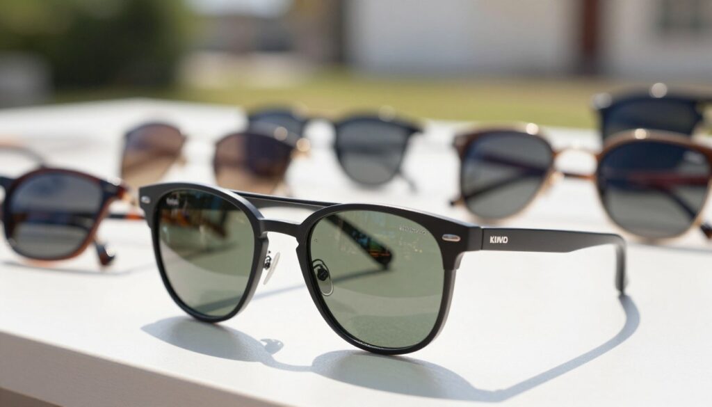 A stylish pair of Kingseven sunglasses displayed prominently in the foreground, highlighting the unique design and details of the frame and lenses. In the middle ground, an assortment of different eyewear models is arranged creatively, showcasing the variety offered by the brand. The background features a softly blurred outdoor setting, illustrating a bright sunny day with gentle sunlight reflecting off the sunglasses lens, accentuating their reflective quality. The atmosphere is vibrant yet professional, conveying a sense of sophistication and choice. The angle captures the sunglasses at a slight tilt to create depth, emphasizing the potential pros and cons of selecting the right eyewear model. The image is bright and inviting, with a focus on detailing and product presentation. A stylish pair of Kingseven sunglasses displayed prominently in the foreground, highlighting the unique design and details of the frame and lenses. In the middle ground, an assortment of different eyewear models is arranged creatively, showcasing the variety offered by the brand. The background features a softly blurred outdoor setting, illustrating a bright sunny day with gentle sunlight reflecting off the sunglasses lens, accentuating their reflective quality. The atmosphere is vibrant yet professional, conveying a sense of sophistication and choice. The angle captures the sunglasses at a slight tilt to create depth, emphasizing the potential pros and cons of selecting the right eyewear model. The image is bright and inviting, with a focus on detailing and product presentation.
