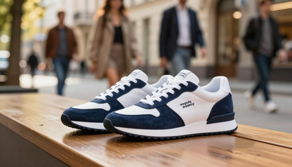 A stylish pair of "wygodę sneakersy" showcased prominently in the foreground, featuring sleek lines, a modern design, and a blend of trendy colors like deep navy and crisp white. The sneakers are placed on a polished wooden surface, with subtle reflections that highlight their contours. In the middle ground, a softly blurred urban environment captures a vibrant street scene, with fashionable individuals in smart casual attire, emphasizing the balance between comfort and style. The background includes a sunny day with soft, golden lighting filtering through the trees, casting gentle shadows. The overall mood is contemporary and uplifting, conveying the idea that comfort can be chic and fashionable. A stylish pair of "wygodę sneakersy" showcased prominently in the foreground, featuring sleek lines, a modern design, and a blend of trendy colors like deep navy and crisp white. The sneakers are placed on a polished wooden surface, with subtle reflections that highlight their contours. In the middle ground, a softly blurred urban environment captures a vibrant street scene, with fashionable individuals in smart casual attire, emphasizing the balance between comfort and style. The background includes a sunny day with soft, golden lighting filtering through the trees, casting gentle shadows. The overall mood is contemporary and uplifting, conveying the idea that comfort can be chic and fashionable.