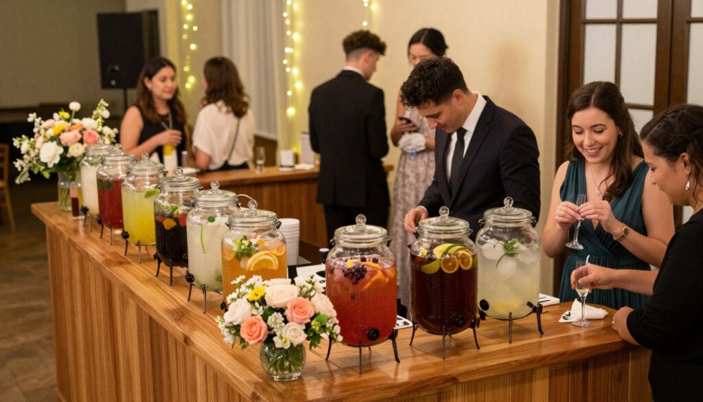 A stylish self-serve drink bar set up for a wedding, featuring an elegant wooden counter adorned with colorful glass jars filled with various cocktails and garnishes. In the foreground, delicate floral arrangements in soft pastel colors complement the drinks, creating a warm atmosphere. In the middle ground, guests, dressed in smart casual attire, are interacting with the drink station, selecting their beverages with happiness. Soft, ambient lighting illuminates the bar area, casting a cozy glow, while fairy lights drape around the background, adding a magical touch. The angle is slightly elevated, capturing both the intricate details of the bar and the joyful interactions of the guests, highlighting the DIY aspect of the drink station. A stylish self-serve drink bar set up for a wedding, featuring an elegant wooden counter adorned with colorful glass jars filled with various cocktails and garnishes. In the foreground, delicate floral arrangements in soft pastel colors complement the drinks, creating a warm atmosphere. In the middle ground, guests, dressed in smart casual attire, are interacting with the drink station, selecting their beverages with happiness. Soft, ambient lighting illuminates the bar area, casting a cozy glow, while fairy lights drape around the background, adding a magical touch. The angle is slightly elevated, capturing both the intricate details of the bar and the joyful interactions of the guests, highlighting the DIY aspect of the drink station.