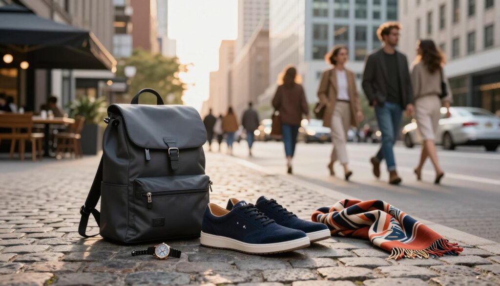 A stylish urban scene showcasing essential city accessories for a modern look. In the foreground, display a chic pair of XTI shoes elegantly resting on a trendy cobblestone street, surrounded by fashionable accessories like a sleek backpack, a stylish watch, and a fashionable scarf. In the middle ground, depict a vibrant cityscape with stylish pedestrians dressed in modest yet trendy outfits, showcasing urban flair. The background features a bustling cafe and tall, contemporary buildings, all under a warm, golden hour glow. Use a soft focus lens to emphasize the accessories while capturing the liveliness of the city atmosphere, evoking a sense of urban sophistication and modern lifestyle. A stylish urban scene showcasing essential city accessories for a modern look. In the foreground, display a chic pair of XTI shoes elegantly resting on a trendy cobblestone street, surrounded by fashionable accessories like a sleek backpack, a stylish watch, and a fashionable scarf. In the middle ground, depict a vibrant cityscape with stylish pedestrians dressed in modest yet trendy outfits, showcasing urban flair. The background features a bustling cafe and tall, contemporary buildings, all under a warm, golden hour glow. Use a soft focus lens to emphasize the accessories while capturing the liveliness of the city atmosphere, evoking a sense of urban sophistication and modern lifestyle.