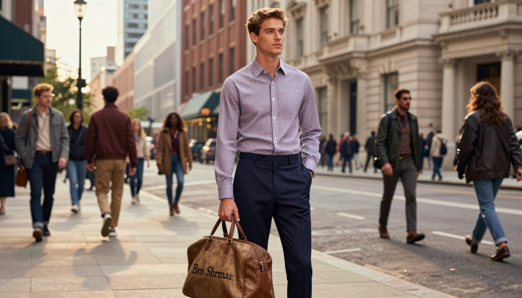 A stylish urban setting featuring a well-dressed individual in professional business attire, embodying the essence of Ben Sherman fashion. The foreground showcases a confident male figure, wearing a tailored plaid shirt and smart trousers, holding a vintage Ben Sherman garment bag. In the middle ground, the bustling streets of a city are alive with people, showcasing diverse fashion influences, hinting at the brand's cultural impact. The background features iconic architecture, blending modern and classic styles, bathed in soft golden hour lighting that casts dynamic shadows. The overall mood is vibrant and sophisticated, capturing the essence of a cultural phenomenon in the fashion world. The image should convey a sense of style and legacy that defines the Ben Sherman brand. A stylish urban setting featuring a well-dressed individual in professional business attire, embodying the essence of Ben Sherman fashion. The foreground showcases a confident male figure, wearing a tailored plaid shirt and smart trousers, holding a vintage Ben Sherman garment bag. In the middle ground, the bustling streets of a city are alive with people, showcasing diverse fashion influences, hinting at the brand's cultural impact. The background features iconic architecture, blending modern and classic styles, bathed in soft golden hour lighting that casts dynamic shadows. The overall mood is vibrant and sophisticated, capturing the essence of a cultural phenomenon in the fashion world. The image should convey a sense of style and legacy that defines the Ben Sherman brand.