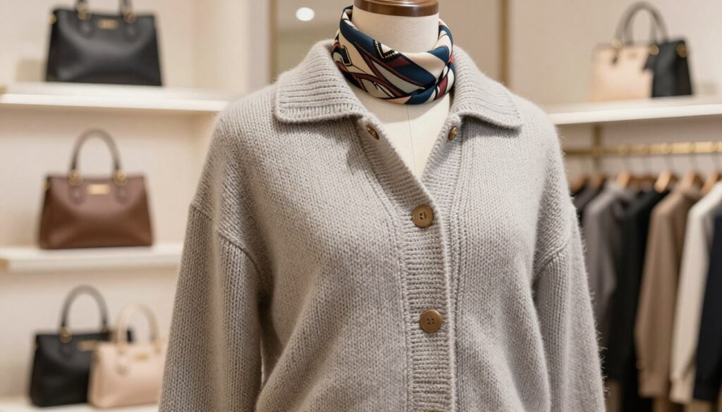 A stylish women's knitted jacket elegantly displayed on a mannequin in a well-lit boutique setting. The foreground features intricate details of the knitted fabric, showcasing its texture and quality in a soft, muted color palette. The middle ground includes subtle touches like a decorative scarf draped around the mannequin’s neck, enhancing the overall look. In the background, gently blurred shelves filled with classic handbags and accessories from the S’West brand add context to the scene. The lighting is warm and inviting, highlighting the craftsmanship and attractive design of the jacket. The atmosphere conveys sophistication and style, appealing to shoppers looking for high-quality clothing. A stylish women's knitted jacket elegantly displayed on a mannequin in a well-lit boutique setting. The foreground features intricate details of the knitted fabric, showcasing its texture and quality in a soft, muted color palette. The middle ground includes subtle touches like a decorative scarf draped around the mannequin’s neck, enhancing the overall look. In the background, gently blurred shelves filled with classic handbags and accessories from the S’West brand add context to the scene. The lighting is warm and inviting, highlighting the craftsmanship and attractive design of the jacket. The atmosphere conveys sophistication and style, appealing to shoppers looking for high-quality clothing.