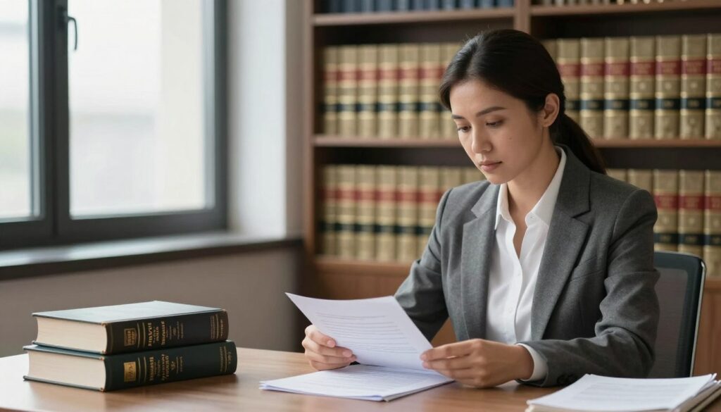 A thoughtful and serene scene in a legal office setting focused on the theme of marriage annulment. In the foreground, depict a professional woman in business attire, studying legal documents on a desk, surrounded by a few important books on canon law and marriage. In the middle ground, a bookshelf filled with law texts and religious manuscripts, symbolizing the complexity of marriage annulment processes. The background features a large window with soft, diffuse natural light illuminating the room, casting gentle shadows that enhance the contemplative atmosphere. The overall mood is one of professionalism and seriousness, reflecting the gravity of legal reasons for marriage annulment. High-resolution, well-composed shot to emphasize clarity and detail. A thoughtful and serene scene in a legal office setting focused on the theme of marriage annulment. In the foreground, depict a professional woman in business attire, studying legal documents on a desk, surrounded by a few important books on canon law and marriage. In the middle ground, a bookshelf filled with law texts and religious manuscripts, symbolizing the complexity of marriage annulment processes. The background features a large window with soft, diffuse natural light illuminating the room, casting gentle shadows that enhance the contemplative atmosphere. The overall mood is one of professionalism and seriousness, reflecting the gravity of legal reasons for marriage annulment. High-resolution, well-composed shot to emphasize clarity and detail.