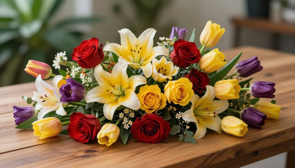 A vibrant and artistic display of a mixed bouquet of flowers, featuring a variety of blooms such as roses, lilies, and tulips in vivid colors like reds, yellows, and purples. The bouquet should be set on an elegant wooden table in soft natural lighting, with a shallow depth of field to enhance the focus on the flowers. In the background, faintly blurred green foliage provides a lush contrast, creating a serene and inviting atmosphere. Capture the arrangement from a slightly elevated angle to showcase the floral variety and texture, while maintaining a warm, cheerful mood. Ensure the image is free of any text, logos, or watermarks. A vibrant and artistic display of a mixed bouquet of flowers, featuring a variety of blooms such as roses, lilies, and tulips in vivid colors like reds, yellows, and purples. The bouquet should be set on an elegant wooden table in soft natural lighting, with a shallow depth of field to enhance the focus on the flowers. In the background, faintly blurred green foliage provides a lush contrast, creating a serene and inviting atmosphere. Capture the arrangement from a slightly elevated angle to showcase the floral variety and texture, while maintaining a warm, cheerful mood. Ensure the image is free of any text, logos, or watermarks.