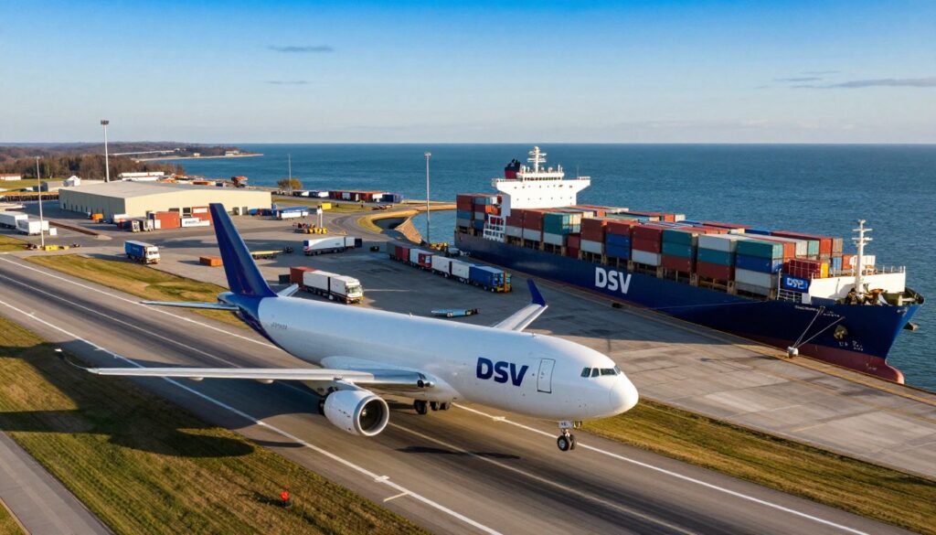 A vibrant and dynamic aerial view of a busy logistics hub showcasing air and sea transport. In the foreground, a cargo plane takes off, its wheels just leaving the runway, symbolizing air logistics. To the right, a large container ship is docked, with colorful shipping containers stacked high, indicating sea logistics. The middle ground features a well-organized logistics yard with trucks waiting to load, surrounded by warehouses. The background reveals a clear blue sky transitioning into distant rolling waves of the sea. Golden sunlight casts warm tones, highlighting the bustling activity. The scene conveys a modern, efficient atmosphere, emphasizing DSV's crucial role in transportation logistics in Poland. A vibrant and dynamic aerial view of a busy logistics hub showcasing air and sea transport. In the foreground, a cargo plane takes off, its wheels just leaving the runway, symbolizing air logistics. To the right, a large container ship is docked, with colorful shipping containers stacked high, indicating sea logistics. The middle ground features a well-organized logistics yard with trucks waiting to load, surrounded by warehouses. The background reveals a clear blue sky transitioning into distant rolling waves of the sea. Golden sunlight casts warm tones, highlighting the bustling activity. The scene conveys a modern, efficient atmosphere, emphasizing DSV's crucial role in transportation logistics in Poland.