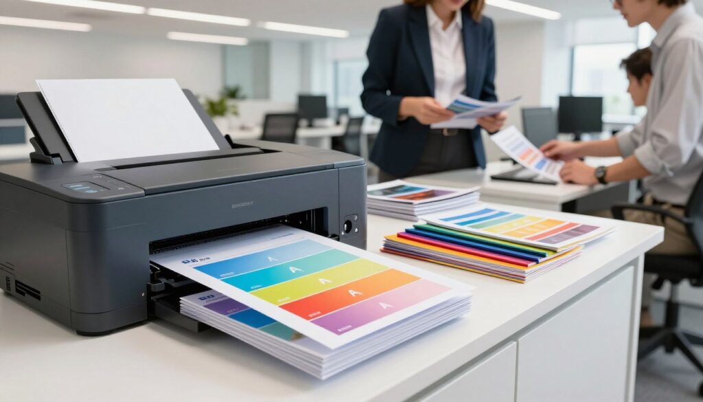 A vibrant and engaging office scene focusing on a modern color printing station. In the foreground, showcase a high-end color printer with glossy prints emerging, highlighting various paper formats, such as A4, A3, and larger sheets in an organized stack. The middle ground features a neatly arranged workspace with professional business attire individuals discussing printing options, examining colorful brochures and documents. The background reflects a well-lit office environment with bright overhead lights and minimalist decor, creating a productive atmosphere. Use a clean, wide-angle view to emphasize the efficiency and professionalism of the printing service, evoking a sense of clarity and order in the image. The color palette should be bright and inviting, portraying the capability and range of color printing services. A vibrant and engaging office scene focusing on a modern color printing station. In the foreground, showcase a high-end color printer with glossy prints emerging, highlighting various paper formats, such as A4, A3, and larger sheets in an organized stack. The middle ground features a neatly arranged workspace with professional business attire individuals discussing printing options, examining colorful brochures and documents. The background reflects a well-lit office environment with bright overhead lights and minimalist decor, creating a productive atmosphere. Use a clean, wide-angle view to emphasize the efficiency and professionalism of the printing service, evoking a sense of clarity and order in the image. The color palette should be bright and inviting, portraying the capability and range of color printing services.