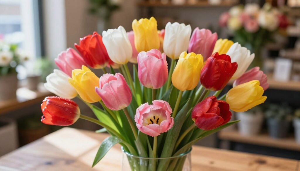 A vibrant and lush bouquet of tulips in various colors—red, pink, yellow, and white—arranged artistically in a clear glass vase. In the foreground, the delicate petals glisten softly with dew, highlighting their lush texture. The middle ground features a wooden table, suggestive of a flower shop setting, with a blurred background showcasing a well-stocked floral display, hinting at a cheerful floral atmosphere. Soft, natural light streams in from a nearby window, casting gentle shadows and creating a warm, inviting mood. The angle is slightly above eye level, emphasizing the beauty of the tulips and inviting the viewer to appreciate their elegance and charm. A vibrant and lush bouquet of tulips in various colors—red, pink, yellow, and white—arranged artistically in a clear glass vase. In the foreground, the delicate petals glisten softly with dew, highlighting their lush texture. The middle ground features a wooden table, suggestive of a flower shop setting, with a blurred background showcasing a well-stocked floral display, hinting at a cheerful floral atmosphere. Soft, natural light streams in from a nearby window, casting gentle shadows and creating a warm, inviting mood. The angle is slightly above eye level, emphasizing the beauty of the tulips and inviting the viewer to appreciate their elegance and charm.