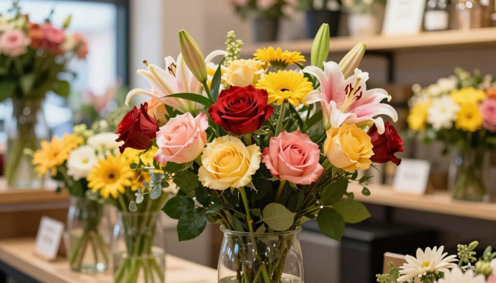 A vibrant bouquet of mixed flowers elegantly arranged in a classic glass vase, set against a softly blurred background of a bright, sunlit florist shop. The foreground showcases a variety of flowers, including delicate roses, cheerful daisies, and fragrant lilies, with rich colors ranging from deep reds to sunny yellows and gentle pinks. The lighting is warm and inviting, casting soft shadows that accentuate the textures of the petals. The scene conveys a cheerful, lively atmosphere, perfect for highlighting the nuances of floral pricing. Capture the essence of a fresh flower arrangement, emphasizing its beauty and value in a professional presentation. Use a shallow depth of field to keep the focus on the bouquet while hinting at the vibrant shop environment behind it. A vibrant bouquet of mixed flowers elegantly arranged in a classic glass vase, set against a softly blurred background of a bright, sunlit florist shop. The foreground showcases a variety of flowers, including delicate roses, cheerful daisies, and fragrant lilies, with rich colors ranging from deep reds to sunny yellows and gentle pinks. The lighting is warm and inviting, casting soft shadows that accentuate the textures of the petals. The scene conveys a cheerful, lively atmosphere, perfect for highlighting the nuances of floral pricing. Capture the essence of a fresh flower arrangement, emphasizing its beauty and value in a professional presentation. Use a shallow depth of field to keep the focus on the bouquet while hinting at the vibrant shop environment behind it.