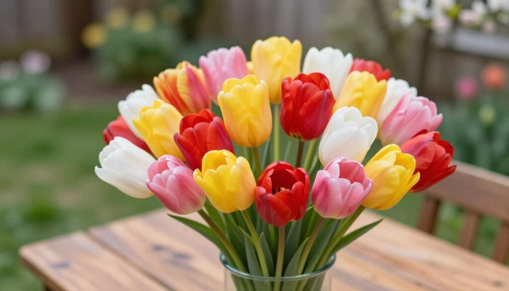 A vibrant bouquet of tulips in varying colors—red, yellow, pink, and white—arranged artfully in a glass vase. Foreground features the bouquet with soft, natural light illuminating the petals, highlighting their delicate textures and vivid hues. In the middle ground, a rustic wooden table provides a warm base, with subtle shadows enhancing the depth. The background is a softly blurred garden scene, suggesting the changing seasons with hints of green foliage and blossoms just starting to bloom. The overall mood is fresh and cheerful, evoking the essence of springtime. The image should convey a sense of seasonal beauty and elegance, without any text or distractions. A vibrant bouquet of tulips in varying colors—red, yellow, pink, and white—arranged artfully in a glass vase. Foreground features the bouquet with soft, natural light illuminating the petals, highlighting their delicate textures and vivid hues. In the middle ground, a rustic wooden table provides a warm base, with subtle shadows enhancing the depth. The background is a softly blurred garden scene, suggesting the changing seasons with hints of green foliage and blossoms just starting to bloom. The overall mood is fresh and cheerful, evoking the essence of springtime. The image should convey a sense of seasonal beauty and elegance, without any text or distractions.