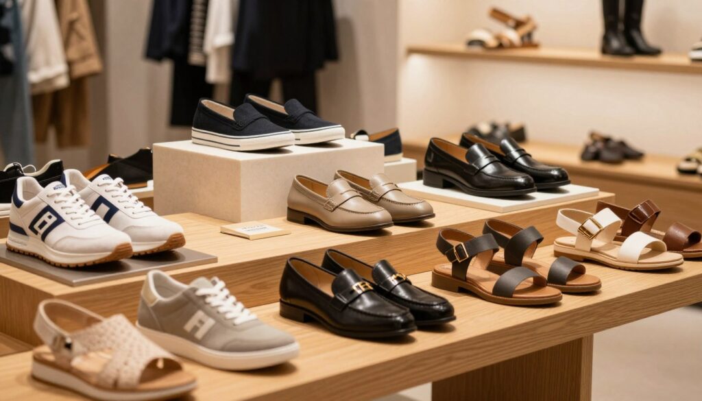 A vibrant display of stylish footwear products from the brand Badoxx, arranged artfully on a sleek, modern wooden shelf. In the foreground, showcase various shoe styles, including sporty sneakers, elegant loafers, and comfortable sandals, each highlighting unique design elements like textures and colors. In the middle, emphasize a variety of sizes and placements to create visual harmony, with subtle lighting emphasizing the materials. The background features a softly blurred retail environment that suggests a fashionable shopping atmosphere, with warm ambient lighting casting a welcoming glow. The overall mood should be inviting and sophisticated, appealing to customers interested in quality footwear options. A vibrant display of stylish footwear products from the brand Badoxx, arranged artfully on a sleek, modern wooden shelf. In the foreground, showcase various shoe styles, including sporty sneakers, elegant loafers, and comfortable sandals, each highlighting unique design elements like textures and colors. In the middle, emphasize a variety of sizes and placements to create visual harmony, with subtle lighting emphasizing the materials. The background features a softly blurred retail environment that suggests a fashionable shopping atmosphere, with warm ambient lighting casting a welcoming glow. The overall mood should be inviting and sophisticated, appealing to customers interested in quality footwear options.