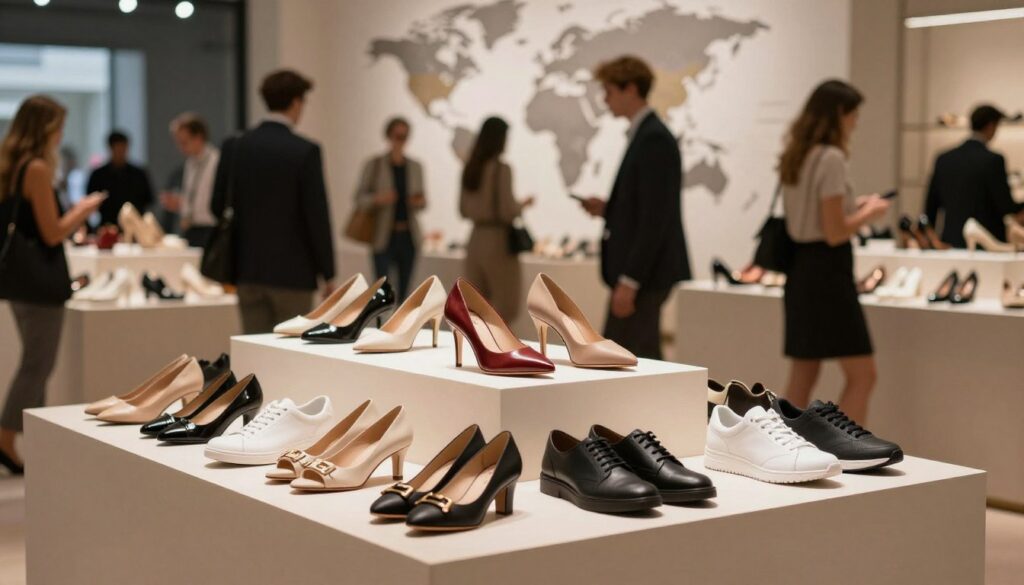 A vibrant display of various globally recognized shoe brands, showcasing a diverse array of footwear styles from elegant high heels to casual sneakers, set against a softly lit, modern urban backdrop. In the foreground, neatly arranged shoes on a stylish display pedestal, highlighting their design and craftsmanship. The middle section features blurred silhouettes of diverse shoppers examining shoes, dressed in professional business attire, adding a sense of activity. The background includes an abstract representation of a world map subtly illuminated, hinting at the global impact of the footwear industry. Soft, ambient lighting creates a warm, inviting atmosphere, suggesting comfort and style. The image should evoke a sense of curiosity and admiration for the history and reach of quality footwear brands. A vibrant display of various globally recognized shoe brands, showcasing a diverse array of footwear styles from elegant high heels to casual sneakers, set against a softly lit, modern urban backdrop. In the foreground, neatly arranged shoes on a stylish display pedestal, highlighting their design and craftsmanship. The middle section features blurred silhouettes of diverse shoppers examining shoes, dressed in professional business attire, adding a sense of activity. The background includes an abstract representation of a world map subtly illuminated, hinting at the global impact of the footwear industry. Soft, ambient lighting creates a warm, inviting atmosphere, suggesting comfort and style. The image should evoke a sense of curiosity and admiration for the history and reach of quality footwear brands.