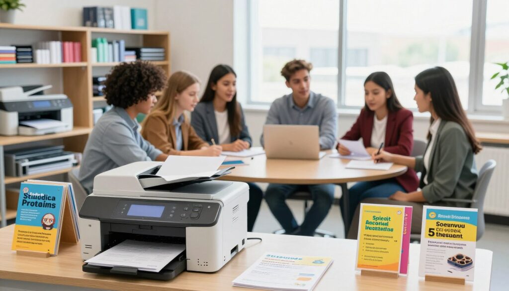 A vibrant office space showcasing a promotional display for special offers on printing services tailored for students and institutions. In the foreground, a sleek, modern printer is highlighted, surrounded by colorful pamphlets and brochures featuring various deals. The middle section features a table with a young diverse group of students in professional attire, actively discussing their printing needs, their expressions indicating excitement and curiosity. The background includes shelves lined with neatly organized printing supplies and a large window letting in ample natural light, creating an inviting atmosphere. The mood is collaborative and energetic, evoking a sense of community and support for educational endeavors. The scene captures a balanced mix of professionalism and approachability, encouraging students to explore affordable printing options. A vibrant office space showcasing a promotional display for special offers on printing services tailored for students and institutions. In the foreground, a sleek, modern printer is highlighted, surrounded by colorful pamphlets and brochures featuring various deals. The middle section features a table with a young diverse group of students in professional attire, actively discussing their printing needs, their expressions indicating excitement and curiosity. The background includes shelves lined with neatly organized printing supplies and a large window letting in ample natural light, creating an inviting atmosphere. The mood is collaborative and energetic, evoking a sense of community and support for educational endeavors. The scene captures a balanced mix of professionalism and approachability, encouraging students to explore affordable printing options.