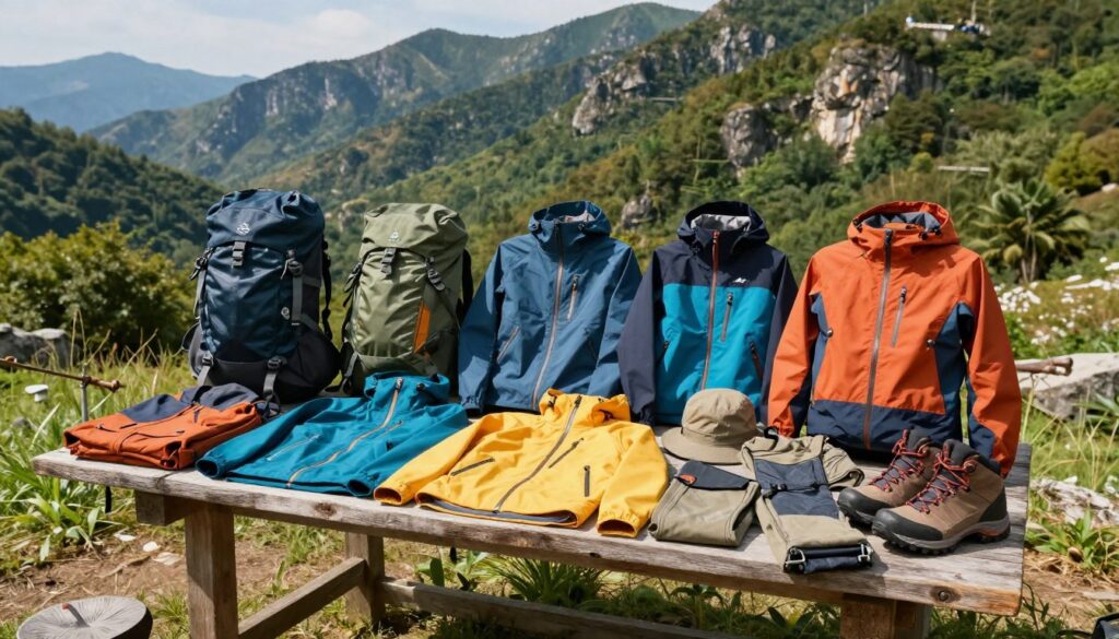 A vibrant outdoor scene showcasing a diverse assortment of outdoor clothing and gear. In the foreground, display a variety of jackets, pants, and waterproof gear neatly arranged on a rustic wooden table. Include accessories like backpacks, hiking boots, and hats. The middle ground should feature a scenic mountain backdrop, with lush greenery and rocky terrains, conveying adventure. The lighting is bright and natural, suggesting a sunny day, casting soft shadows. Use a wide-angle lens to capture the depth of the scene, emphasizing the gear's practical use in nature. The overall mood is cheerful and inviting, highlighting the love for outdoor activities. A vibrant outdoor scene showcasing a diverse assortment of outdoor clothing and gear. In the foreground, display a variety of jackets, pants, and waterproof gear neatly arranged on a rustic wooden table. Include accessories like backpacks, hiking boots, and hats. The middle ground should feature a scenic mountain backdrop, with lush greenery and rocky terrains, conveying adventure. The lighting is bright and natural, suggesting a sunny day, casting soft shadows. Use a wide-angle lens to capture the depth of the scene, emphasizing the gear's practical use in nature. The overall mood is cheerful and inviting, highlighting the love for outdoor activities.