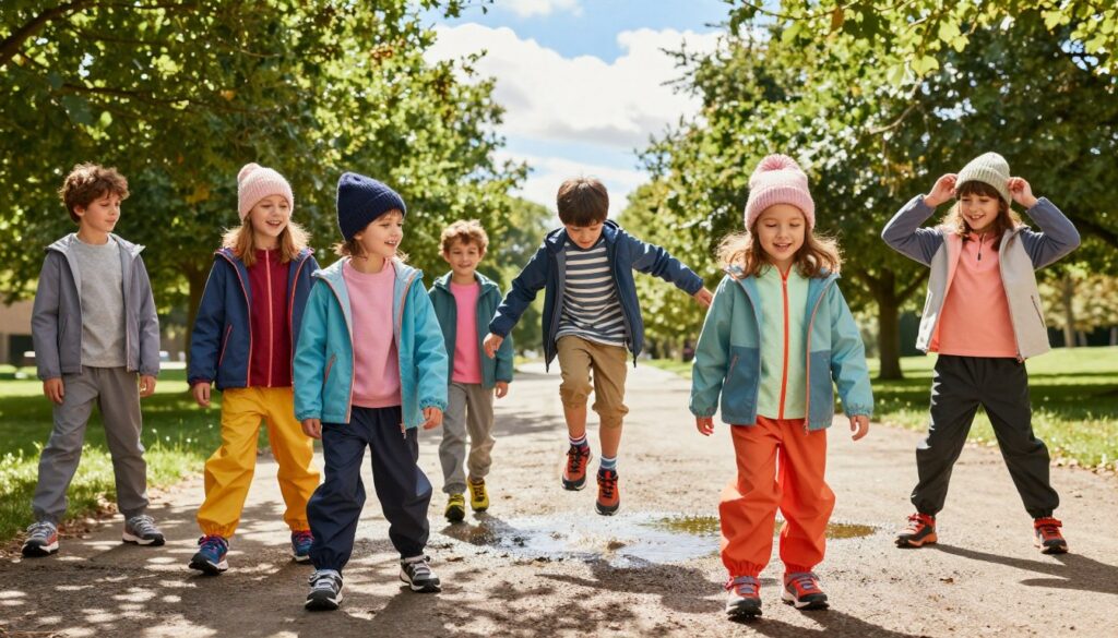 A vibrant outdoor scene showcasing a diverse group of children wearing stylish and functional sportswear from Dare2b, suitable for various weather conditions. In the foreground, two children are joyfully playing in colorful jackets and waterproof pants, while a girl adjusts her cozy beanie. The middle ground features a playful boy skipping through puddles, showcasing waterproof shoes, with lush green trees in the background under a bright, partly cloudy sky. The sunlight filters through the leaves, casting dappled shadows on the ground, enhancing the cheerful atmosphere. The overall mood is energetic and uplifting, emphasizing comfort and style in children's outdoor clothing, making it perfect for daily adventures in any weather. A vibrant outdoor scene showcasing a diverse group of children wearing stylish and functional sportswear from Dare2b, suitable for various weather conditions. In the foreground, two children are joyfully playing in colorful jackets and waterproof pants, while a girl adjusts her cozy beanie. The middle ground features a playful boy skipping through puddles, showcasing waterproof shoes, with lush green trees in the background under a bright, partly cloudy sky. The sunlight filters through the leaves, casting dappled shadows on the ground, enhancing the cheerful atmosphere. The overall mood is energetic and uplifting, emphasizing comfort and style in children's outdoor clothing, making it perfect for daily adventures in any weather.