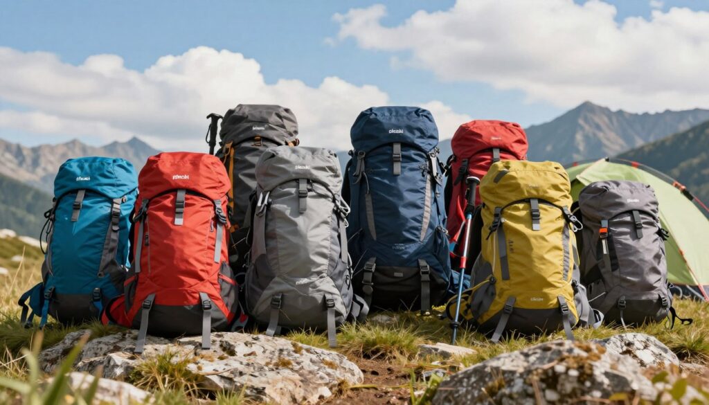 A vibrant outdoor scene showcasing a variety of colorful backpacks, also known as "plecaki," ideal for outdoor enthusiasts. In the foreground, a selection of rugged, multifunctional backpacks in different shapes and sizes, featuring compartments for hydration systems and gear, displayed on a natural surface like a rocky terrain or grassy field. In the middle ground, diverse outdoor gear like hiking poles and tents can be subtly integrated, emphasizing an adventurous spirit. The background features a breathtaking mountain landscape under a bright blue sky with fluffy white clouds, suggesting an ideal hiking day. Use soft, warm lighting to create a welcoming atmosphere. The composition should have a slight angle to invite the viewer into the scene, evoking a sense of exploration and excitement for outdoor activities. A vibrant outdoor scene showcasing a variety of colorful backpacks, also known as "plecaki," ideal for outdoor enthusiasts. In the foreground, a selection of rugged, multifunctional backpacks in different shapes and sizes, featuring compartments for hydration systems and gear, displayed on a natural surface like a rocky terrain or grassy field. In the middle ground, diverse outdoor gear like hiking poles and tents can be subtly integrated, emphasizing an adventurous spirit. The background features a breathtaking mountain landscape under a bright blue sky with fluffy white clouds, suggesting an ideal hiking day. Use soft, warm lighting to create a welcoming atmosphere. The composition should have a slight angle to invite the viewer into the scene, evoking a sense of exploration and excitement for outdoor activities.