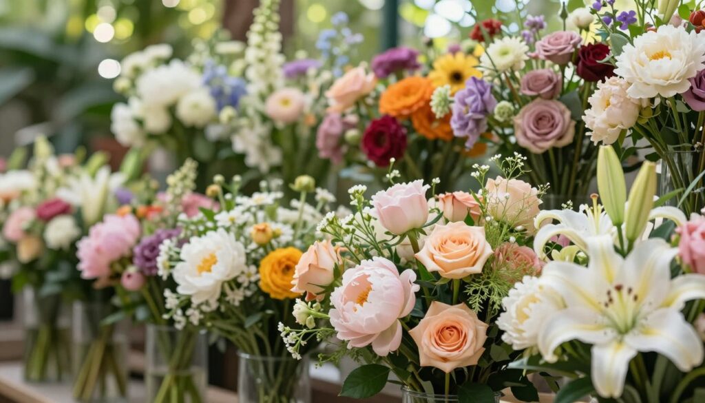 A vibrant selection of various flower species arranged in an elegant composition. In the foreground, showcase a detailed bouquet with rich textures, featuring roses, peonies, and lilies in soft pastel colors, accentuated by greenery and delicate fillers. In the middle ground, display a variety of loose flowers, emphasizing their colors and shapes, sparking curiosity about their individual beauty. In the background, a softly blurred garden setting with dappled sunlight filtering through leaves, creating an inviting atmosphere. Use natural lighting that enhances the colors of the flowers, captured at a 45-degree angle to give depth. The mood should evoke creativity and inspiration, suitable for floral selection discussions, emphasizing the art of choosing flowers for special occasions. A vibrant selection of various flower species arranged in an elegant composition. In the foreground, showcase a detailed bouquet with rich textures, featuring roses, peonies, and lilies in soft pastel colors, accentuated by greenery and delicate fillers. In the middle ground, display a variety of loose flowers, emphasizing their colors and shapes, sparking curiosity about their individual beauty. In the background, a softly blurred garden setting with dappled sunlight filtering through leaves, creating an inviting atmosphere. Use natural lighting that enhances the colors of the flowers, captured at a 45-degree angle to give depth. The mood should evoke creativity and inspiration, suitable for floral selection discussions, emphasizing the art of choosing flowers for special occasions.