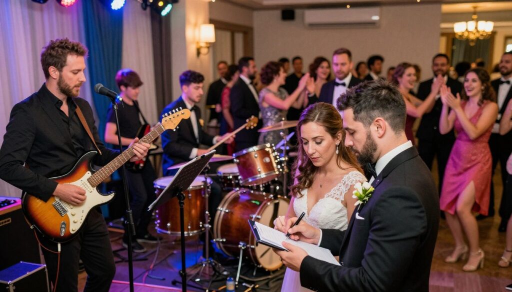 A vibrant wedding scene featuring a live band performing on stage, showcasing a diverse group of professional musicians dressed in smart casual attire. In the foreground, a focused couple is evaluating the band, taking notes and attentively listening to the music, reflecting discernment in their expressions. The middle ground displays the lively band, which includes a singer, guitarist, drummer, and keyboardist, engaged in a captivating performance with colorful stage lights enhancing the festive atmosphere. In the background, guests are enjoying the celebration, dancing, and clapping along to the music, creating a joyful and energetic ambiance. Soft, warm lighting illuminates the scene, conveying a sense of excitement and importance of selecting quality musicians for the event.