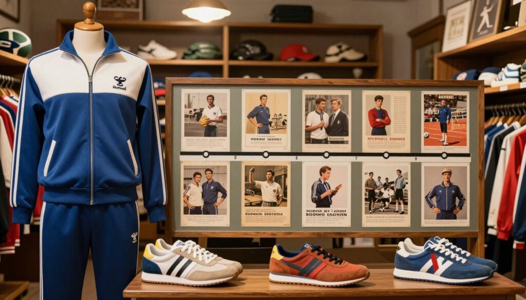 A vintage scene illustrating the history of Hummel, centered on an elegant display of classic sportswear and footwear from the brand. In the foreground, showcase a stylish Hummel tracksuit on a mannequin, alongside iconic athletic shoes designed with distinctive motifs. The middle ground features a timeline displaying vintage advertisements and photographs of the brand's evolution over the decades, creating a sense of nostalgia. The background includes hints of an old-fashioned sports store, adorned with rustic wooden shelves and warm ambient lighting that enhances the inviting atmosphere. Capture the essence of innovation and tradition, focusing on rich textures and colors that highlight the brand's legacy in the sports apparel industry. Use a soft focus effect on the edges to draw attention to the historical elements in the center of the composition. A vintage scene illustrating the history of Hummel, centered on an elegant display of classic sportswear and footwear from the brand. In the foreground, showcase a stylish Hummel tracksuit on a mannequin, alongside iconic athletic shoes designed with distinctive motifs. The middle ground features a timeline displaying vintage advertisements and photographs of the brand's evolution over the decades, creating a sense of nostalgia. The background includes hints of an old-fashioned sports store, adorned with rustic wooden shelves and warm ambient lighting that enhances the inviting atmosphere. Capture the essence of innovation and tradition, focusing on rich textures and colors that highlight the brand's legacy in the sports apparel industry. Use a soft focus effect on the edges to draw attention to the historical elements in the center of the composition.