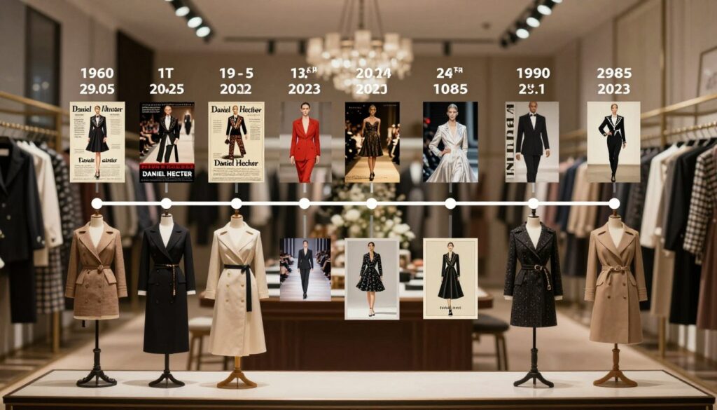 A visual timeline representing the key stages of brand development from the 1960s, centered around the fashion brand Daniel Hechter. In the foreground, showcase iconic clothing items from different decades, displayed on elegant mannequins, highlighting the evolution of style. The middle layer should feature a collage of significant milestones and events in graphic form, such as vintage advertisements, runway shows, and influential designs. In the background, create a soft-focus ambiance of a stylish boutique, with muted lighting that gives a warm, nostalgic feel. This scene should evoke a sense of heritage, innovation, and sophistication, capturing the essence of timeless fashion. Use a lens that emphasizes depth, with a slight vignette to draw attention to the central elements. A visual timeline representing the key stages of brand development from the 1960s, centered around the fashion brand Daniel Hechter. In the foreground, showcase iconic clothing items from different decades, displayed on elegant mannequins, highlighting the evolution of style. The middle layer should feature a collage of significant milestones and events in graphic form, such as vintage advertisements, runway shows, and influential designs. In the background, create a soft-focus ambiance of a stylish boutique, with muted lighting that gives a warm, nostalgic feel. This scene should evoke a sense of heritage, innovation, and sophistication, capturing the essence of timeless fashion. Use a lens that emphasizes depth, with a slight vignette to draw attention to the central elements.