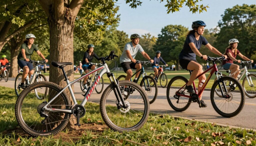 A visually appealing outdoor scene featuring a variety of Indiana bicycles, showcasing different models and colors in a lively park setting. In the foreground, a well-maintained Indiana mountain bike with rugged tires is propped against a tree, highlighting its sturdy design. In the middle ground, cyclists in professional casual attire pedal by, exuding a sense of community and enjoyment of biking. The background includes lush green trees and a clear blue sky, symbolizing freedom and adventure. The lighting is warm and inviting, capturing the golden hour effect to enhance the colors of the bicycles. The atmosphere should feel positive, energetic, and engaging, reflecting the opinions of enthusiastic bike users. A visually appealing outdoor scene featuring a variety of Indiana bicycles, showcasing different models and colors in a lively park setting. In the foreground, a well-maintained Indiana mountain bike with rugged tires is propped against a tree, highlighting its sturdy design. In the middle ground, cyclists in professional casual attire pedal by, exuding a sense of community and enjoyment of biking. The background includes lush green trees and a clear blue sky, symbolizing freedom and adventure. The lighting is warm and inviting, capturing the golden hour effect to enhance the colors of the bicycles. The atmosphere should feel positive, energetic, and engaging, reflecting the opinions of enthusiastic bike users.