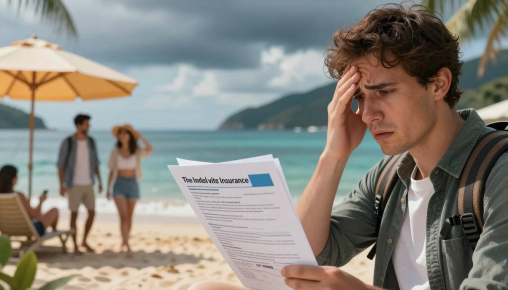 A visually compelling illustration depicting the pitfalls of the cheapest travel insurance policies. In the foreground, show a confused traveler examining a tangle of insurance policy documents, looking worried as they notice fine print and exclusions. The middle ground features a juxtaposed image of a beautiful travel destination with happy tourists enjoying a vacation, symbolizing the contrast between expectation and reality. In the background, create a subtle hint of clouds or stormy weather, implying unseen risks. The lighting is warm and inviting towards the vacations part, while cooler tones surround the traveler to enhance their concern. Use a sharp focus on the traveler with a slight blur on the background to emphasize their dilemma, capturing an atmosphere of caution mixed with wanderlust. A visually compelling illustration depicting the pitfalls of the cheapest travel insurance policies. In the foreground, show a confused traveler examining a tangle of insurance policy documents, looking worried as they notice fine print and exclusions. The middle ground features a juxtaposed image of a beautiful travel destination with happy tourists enjoying a vacation, symbolizing the contrast between expectation and reality. In the background, create a subtle hint of clouds or stormy weather, implying unseen risks. The lighting is warm and inviting towards the vacations part, while cooler tones surround the traveler to enhance their concern. Use a sharp focus on the traveler with a slight blur on the background to emphasize their dilemma, capturing an atmosphere of caution mixed with wanderlust.