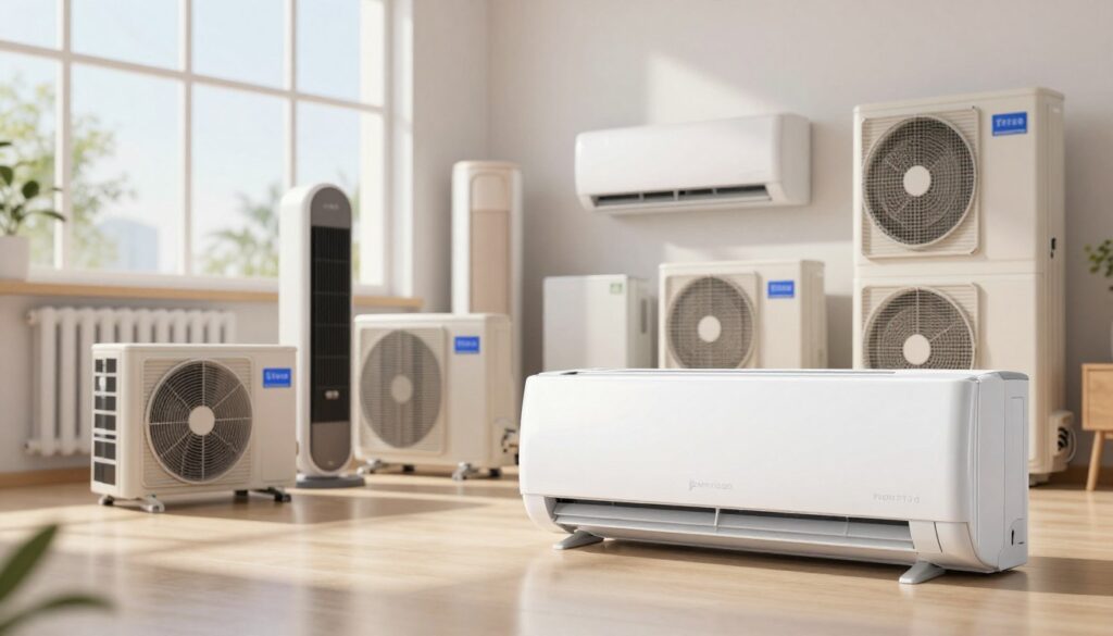 A visually engaging overview of heating and cooling devices, showcasing a sleek, modern air conditioner prominently in the foreground, highlighting its features with a shiny finish. In the middle, an array of compact heating units, showcasing both traditional radiators and contemporary wall-mounted heaters, all presented in a well-organized manner. The background features a bright, airy interior space with large windows, allowing natural light to flood the scene, emphasizing a clean and efficient atmosphere. Soft reflections on the surfaces enhance the modern aesthetic. The image should convey a sense of innovation and comfort, with a balanced composition. Use warm lighting to evoke a welcoming ambiance and a professional angle that showcases the devices effectively, without any text or annotations. A visually engaging overview of heating and cooling devices, showcasing a sleek, modern air conditioner prominently in the foreground, highlighting its features with a shiny finish. In the middle, an array of compact heating units, showcasing both traditional radiators and contemporary wall-mounted heaters, all presented in a well-organized manner. The background features a bright, airy interior space with large windows, allowing natural light to flood the scene, emphasizing a clean and efficient atmosphere. Soft reflections on the surfaces enhance the modern aesthetic. The image should convey a sense of innovation and comfort, with a balanced composition. Use warm lighting to evoke a welcoming ambiance and a professional angle that showcases the devices effectively, without any text or annotations.