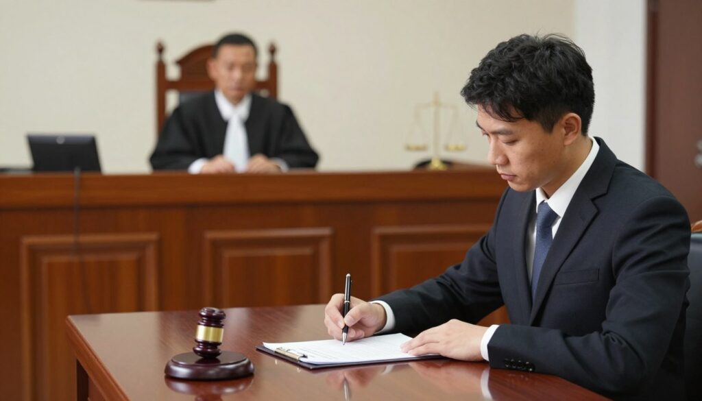 A visually engaging scene depicting the contrasting processes of notarial and judicial inheritance acquisition. In the foreground, a well-dressed notary public is seated at a polished wooden desk, reviewing official documents with a pen in hand, radiating professionalism and a sense of authority. In the middle ground, a courtroom is visible, with a judge presiding from a raised bench, highlighting the judicial route. The background features soft, diffused lighting, creating a calm atmosphere intertwined with the tension of legal proceedings. The image captures a blend of trust and seriousness, showcasing the distinct environments of notarial and judicial settings, ensuring clarity between the two approaches to inheritance acquisition. A visually engaging scene depicting the contrasting processes of notarial and judicial inheritance acquisition. In the foreground, a well-dressed notary public is seated at a polished wooden desk, reviewing official documents with a pen in hand, radiating professionalism and a sense of authority. In the middle ground, a courtroom is visible, with a judge presiding from a raised bench, highlighting the judicial route. The background features soft, diffused lighting, creating a calm atmosphere intertwined with the tension of legal proceedings. The image captures a blend of trust and seriousness, showcasing the distinct environments of notarial and judicial settings, ensuring clarity between the two approaches to inheritance acquisition.