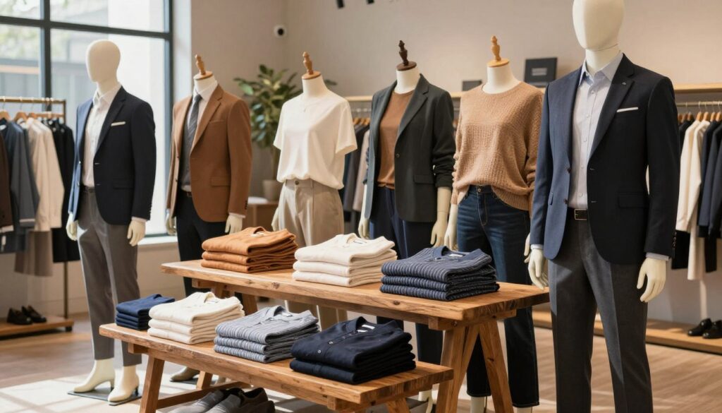 A visually striking display of Hampton Republic fashion products showcasing an assortment of high-quality clothing. In the foreground, elegantly arranged mannequins dressed in stylish yet casual outfits, featuring contemporary designs such as tailored jackets, polished trousers, and stylish tops in a harmonious color palette. The middle layer includes neatly folded clothing items on rustic wooden tables, highlighting textures and fine fabrics like cotton and wool. The background features a soft-focus retail setting with warm, inviting lighting, enhancing the luxurious atmosphere. Natural light streaming through large windows casts gentle shadows, creating depth. The overall mood is sophisticated yet approachable, illustrating the brand's commitment to quality and versatility, appealing to modern consumers looking for stylish, comfortable attire. A visually striking display of Hampton Republic fashion products showcasing an assortment of high-quality clothing. In the foreground, elegantly arranged mannequins dressed in stylish yet casual outfits, featuring contemporary designs such as tailored jackets, polished trousers, and stylish tops in a harmonious color palette. The middle layer includes neatly folded clothing items on rustic wooden tables, highlighting textures and fine fabrics like cotton and wool. The background features a soft-focus retail setting with warm, inviting lighting, enhancing the luxurious atmosphere. Natural light streaming through large windows casts gentle shadows, creating depth. The overall mood is sophisticated yet approachable, illustrating the brand's commitment to quality and versatility, appealing to modern consumers looking for stylish, comfortable attire.