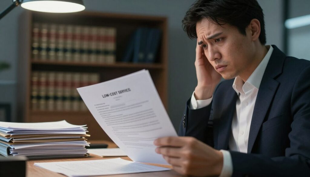 A visually striking image illustrating the pitfalls of low-cost legal services, specifically in a professional setting. In the foreground, depict a concerned businessperson in professional attire, analyzing a stack of low-priced legal documents and contracts with a worried expression. In the middle ground, portray a blurred office environment with bookshelves filled with legal texts and papers scattered about, evoking a sense of chaos and lack of organization. The background should show a dimly lit office space, with soft overhead lighting casting shadows, creating a serious and contemplative mood. Use a slightly tilted angle to enhance the feeling of unease and uncertainty about making the right choice, emphasizing the theme of caution against too-good-to-be-true offers. A visually striking image illustrating the pitfalls of low-cost legal services, specifically in a professional setting. In the foreground, depict a concerned businessperson in professional attire, analyzing a stack of low-priced legal documents and contracts with a worried expression. In the middle ground, portray a blurred office environment with bookshelves filled with legal texts and papers scattered about, evoking a sense of chaos and lack of organization. The background should show a dimly lit office space, with soft overhead lighting casting shadows, creating a serious and contemplative mood. Use a slightly tilted angle to enhance the feeling of unease and uncertainty about making the right choice, emphasizing the theme of caution against too-good-to-be-true offers.