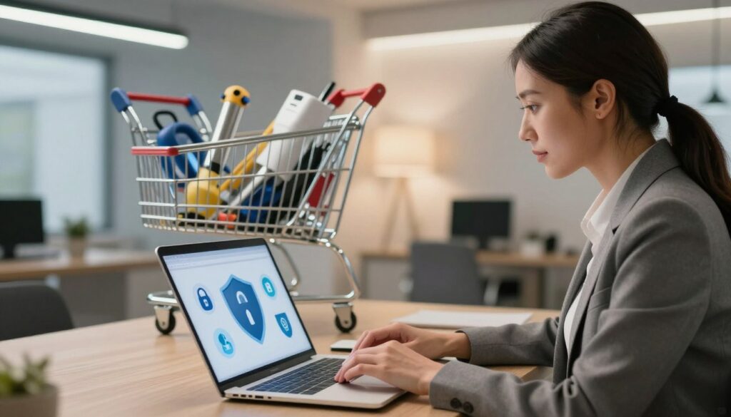 A visually striking scene depicting online shopping safety. In the foreground, a confident, professional-looking woman in business attire is closely examining a laptop screen displaying secure shopping symbols, such as a padlock and a shield, symbolizing cybersecurity. The middle ground features a large digital shopping cart filled with various tools and equipment, subtly highlighting the brand's offerings. The background includes a modern, sleek home office environment with soft, warm lighting, suggesting a comfortable and secure shopping atmosphere. A slight focus blur on the background enhances the feeling of concentration and trustworthiness. The overall mood is reassuring and professional, instilling a sense of safety in online purchases. A visually striking scene depicting online shopping safety. In the foreground, a confident, professional-looking woman in business attire is closely examining a laptop screen displaying secure shopping symbols, such as a padlock and a shield, symbolizing cybersecurity. The middle ground features a large digital shopping cart filled with various tools and equipment, subtly highlighting the brand's offerings. The background includes a modern, sleek home office environment with soft, warm lighting, suggesting a comfortable and secure shopping atmosphere. A slight focus blur on the background enhances the feeling of concentration and trustworthiness. The overall mood is reassuring and professional, instilling a sense of safety in online purchases.