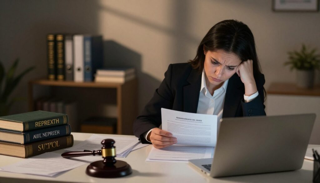 A visually striking scene depicting the challenges of self-representing in child support cases. In the foreground, a frustrated individual sits at a cluttered desk filled with legal papers and a laptop, conveying a sense of confusion and overwhelm. The individual, dressed in business attire, gazes at a document with a furrowed brow. The middle ground features an array of legal books and a gavel, symbolizing the complexities of the law. In the background, a dimly lit office space enhances the atmosphere of stress and uncertainty, with shadows casting over the walls. Soft, warm lighting creates a stark contrast between the chaos of the desk and the calmness of the background, emphasizing the emotional weight of navigating legal challenges alone. The overall mood is contemplative and serious, inviting the viewer to reflect on the implications of self-representation in legal matters. A visually striking scene depicting the challenges of self-representing in child support cases. In the foreground, a frustrated individual sits at a cluttered desk filled with legal papers and a laptop, conveying a sense of confusion and overwhelm. The individual, dressed in business attire, gazes at a document with a furrowed brow. The middle ground features an array of legal books and a gavel, symbolizing the complexities of the law. In the background, a dimly lit office space enhances the atmosphere of stress and uncertainty, with shadows casting over the walls. Soft, warm lighting creates a stark contrast between the chaos of the desk and the calmness of the background, emphasizing the emotional weight of navigating legal challenges alone. The overall mood is contemplative and serious, inviting the viewer to reflect on the implications of self-representation in legal matters.