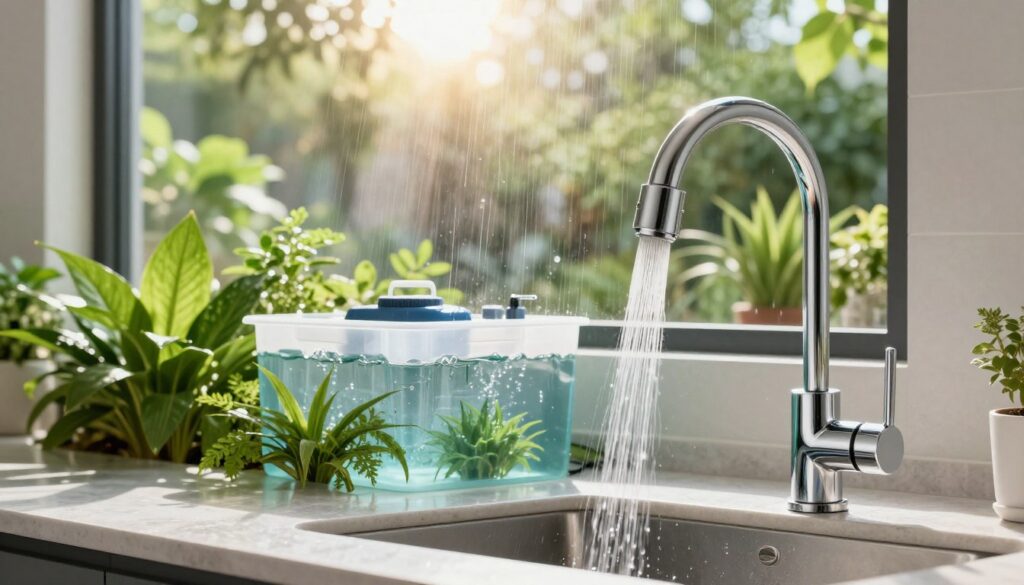 A visually striking scene depicting water conservation in a modern home. In the foreground, a stylish, eco-friendly kitchen faucet designed for minimal water use, with gleaming chrome and a sleek silhouette. In the middle ground, a large container showcasing rainwater harvesting, surrounded by vibrant green plants, emphasizing sustainability and innovative technology. In the background, a sunlit window reveals a lush garden, with sunlight streaming in, creating a warm and inviting atmosphere. The overall mood is serene and uplifting, highlighting the importance of water-saving technologies. The image captures the essence of quality and innovation in interior design, illuminated by natural light, with a focus on eco-conscious living. A visually striking scene depicting water conservation in a modern home. In the foreground, a stylish, eco-friendly kitchen faucet designed for minimal water use, with gleaming chrome and a sleek silhouette. In the middle ground, a large container showcasing rainwater harvesting, surrounded by vibrant green plants, emphasizing sustainability and innovative technology. In the background, a sunlit window reveals a lush garden, with sunlight streaming in, creating a warm and inviting atmosphere. The overall mood is serene and uplifting, highlighting the importance of water-saving technologies. The image captures the essence of quality and innovation in interior design, illuminated by natural light, with a focus on eco-conscious living.