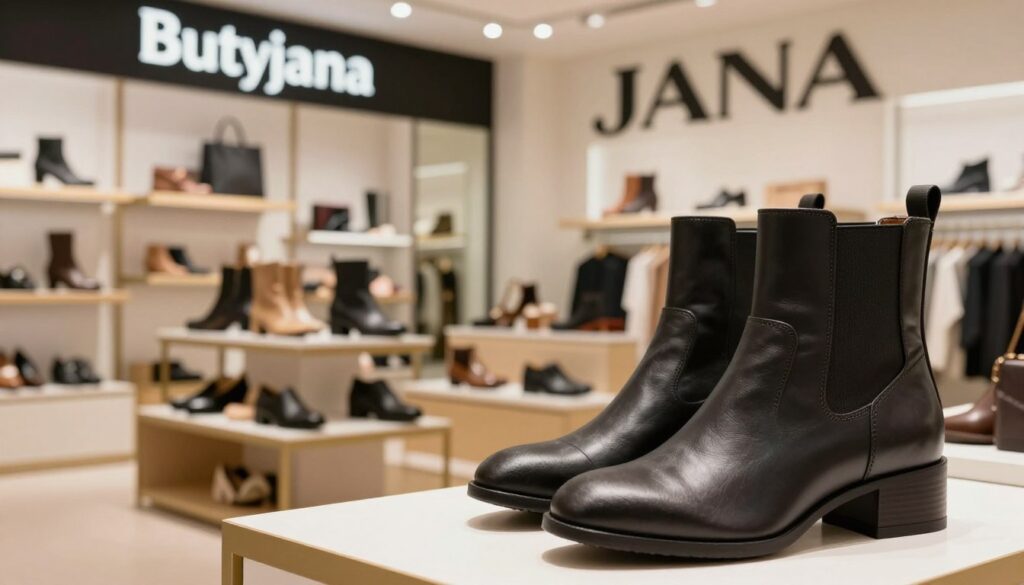 A visually striking split-image composition highlighting the distinction between the Jana brand of shoes and the Butyjana store. In the foreground, prominently feature a close-up of stylish Jana shoes, showcasing their unique design and craftsmanship - a sleek pair of ankle boots with elegant stitching. In the middle, display a modern retail setting of the Butyjana store interior, complete with organized shoe displays and warm lighting that creates an inviting atmosphere. The background should include abstract representations of brand logos, subtly differentiating the two entities. Soft, diffused lighting enhances the scene, capturing the sophistication of both brands. The overall mood is professional and informative, perfect for an article analyzing footwear options. A visually striking split-image composition highlighting the distinction between the Jana brand of shoes and the Butyjana store. In the foreground, prominently feature a close-up of stylish Jana shoes, showcasing their unique design and craftsmanship - a sleek pair of ankle boots with elegant stitching. In the middle, display a modern retail setting of the Butyjana store interior, complete with organized shoe displays and warm lighting that creates an inviting atmosphere. The background should include abstract representations of brand logos, subtly differentiating the two entities. Soft, diffused lighting enhances the scene, capturing the sophistication of both brands. The overall mood is professional and informative, perfect for an article analyzing footwear options.