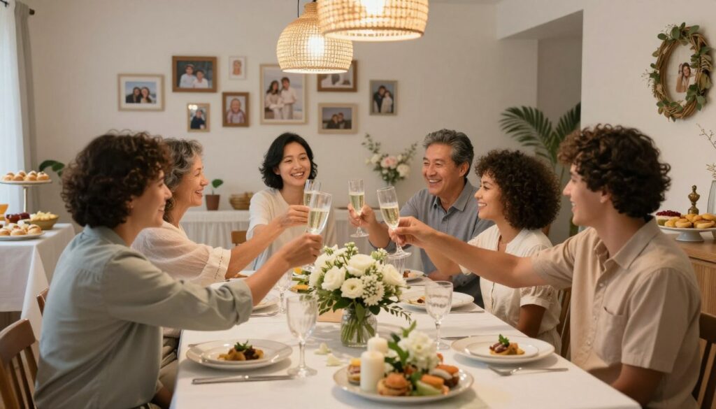A warm and inviting home setting for a post-christening celebration. In the foreground, a beautifully arranged dining table with a white tablecloth adorned with elegant floral centerpieces and delicate dinnerware. In the middle, cheerful family members of diverse backgrounds, dressed in modest casual clothing, engaging in conversation and sharing laughter as they toast with sparkling drinks. In the background, soft lighting emanates from hanging decorative lamps, creating a cozy atmosphere. The walls are adorned with family photos and gentle decorations celebrating the christening. A hint of a buffet table with delectable pastries and traditional dishes can be seen, enhancing the sense of a joyful gathering. The scene reflects warmth, love, and togetherness, perfect for such a special occasion. A warm and inviting home setting for a post-christening celebration. In the foreground, a beautifully arranged dining table with a white tablecloth adorned with elegant floral centerpieces and delicate dinnerware. In the middle, cheerful family members of diverse backgrounds, dressed in modest casual clothing, engaging in conversation and sharing laughter as they toast with sparkling drinks. In the background, soft lighting emanates from hanging decorative lamps, creating a cozy atmosphere. The walls are adorned with family photos and gentle decorations celebrating the christening. A hint of a buffet table with delectable pastries and traditional dishes can be seen, enhancing the sense of a joyful gathering. The scene reflects warmth, love, and togetherness, perfect for such a special occasion.