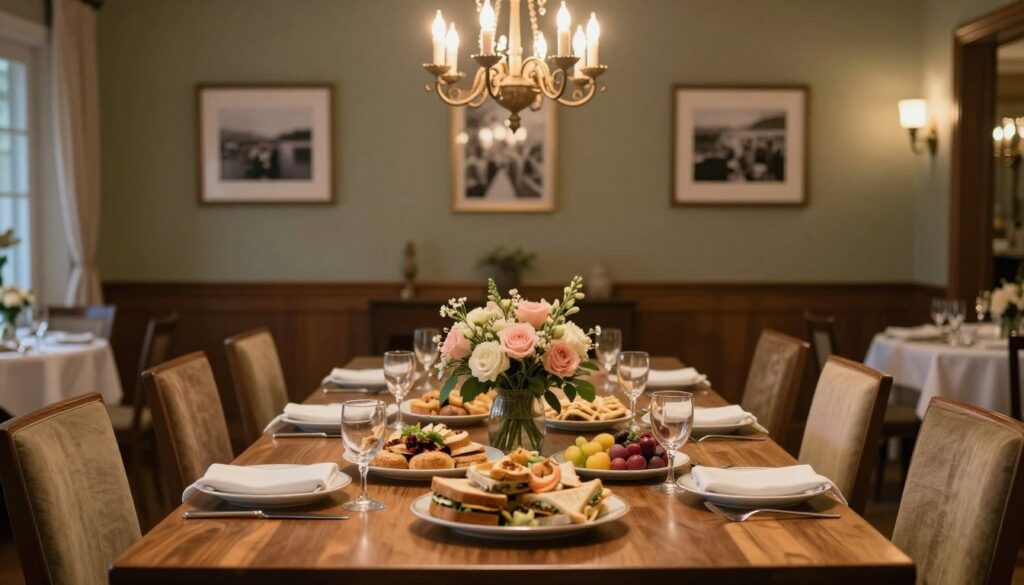 A warm and inviting restaurant setting designed for a post-funeral gathering. In the foreground, a polished wooden table is elegantly set with white tablecloths, fine china, and tasteful floral centerpieces in soft pastels. An arrangement of various platters filled with an assortment of traditional dishes, such as sandwiches, pastries, and fruit, is artfully displayed. In the middle, softly lit chandeliers cast a gentle glow over the scene, while comfortable chairs are gathered around the table. The background features subdued colors, like warm browns and greens, with framed photographs on the walls, enhancing a respectful yet welcoming atmosphere. The lighting is soft and diffused, evoking a serene and contemplative mood, perfect for gathering family and friends. A warm and inviting restaurant setting designed for a post-funeral gathering. In the foreground, a polished wooden table is elegantly set with white tablecloths, fine china, and tasteful floral centerpieces in soft pastels. An arrangement of various platters filled with an assortment of traditional dishes, such as sandwiches, pastries, and fruit, is artfully displayed. In the middle, softly lit chandeliers cast a gentle glow over the scene, while comfortable chairs are gathered around the table. The background features subdued colors, like warm browns and greens, with framed photographs on the walls, enhancing a respectful yet welcoming atmosphere. The lighting is soft and diffused, evoking a serene and contemplative mood, perfect for gathering family and friends.