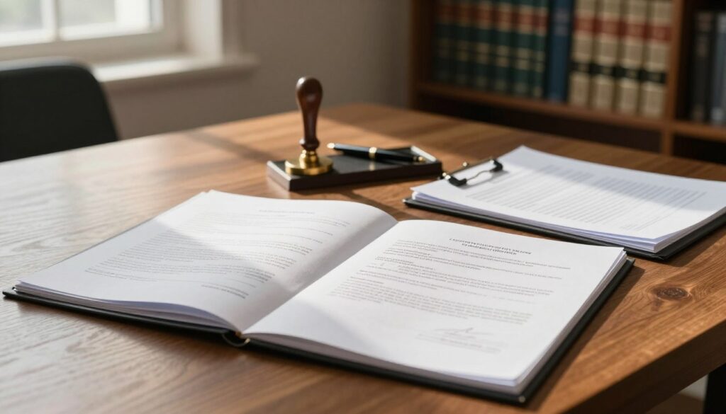 A warm, professional office setting with a clear view of a wooden desk covered in important documents related to land transaction processes. In the foreground, an open folder displays various essential papers like property deeds and identification documents neat and organized. In the middle, a polished antique-style notary seal and pen set symbolize official acknowledgment and legal processes. Soft, natural lighting filters through a nearby window, casting gentle shadows that enhance the ambiance of seriousness and professionalism. In the background, a bookshelf filled with legal books and reference materials underscores the depth of knowledge needed in such transactions. The overall mood is focused and diligent, conveying the importance of thorough documentation in legal procedures.