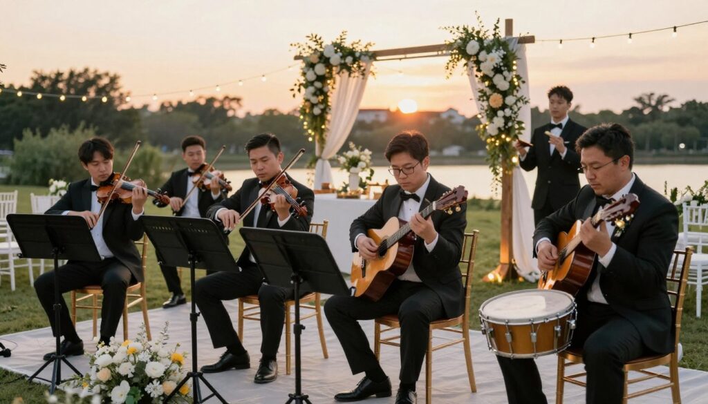 A wedding ensemble performing at a beautiful outdoor wedding venue, showcasing various additional services they provide. In the foreground, a diverse group of musicians dressed in elegant business attire, playing traditional instruments like violins, a guitar, and drums, exuding professionalism. The middle ground features a charming wedding setup with tasteful decorations, such as floral arrangements and string lights, creating a festive atmosphere. In the background, a soft sunset casts a warm golden hue over the scene, enhancing the romantic feel. The image captures an inviting and joyful ambiance, perfect for highlighting the unique offerings of a wedding band, with attention to detail in the musicians' expressions and the overall decor. The lighting is soft and warm, reminiscent of a celebratory evening.