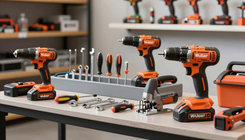 A well-lit display of various Wuber brand tools and power tools, prominently arranged on a sleek, modern workbench. In the foreground, a cordless drill and a jigsaw showcase their ergonomic designs and vibrant colors, with intricate details highlighted. In the middle, an array of hand tools like wrenches and screwdrivers are neatly organized, emphasizing their durability and precision. The background features subtle blurred shelves stocked with additional Wuber products, creating a professional workshop ambiance. Soft, diffused lighting enhances the tools' textures, while a shallow depth of field draws attention to the foreground tools. The overall mood is one of innovation and reliability, ideal for showcasing Wuber's product lineup. A well-lit display of various Wuber brand tools and power tools, prominently arranged on a sleek, modern workbench. In the foreground, a cordless drill and a jigsaw showcase their ergonomic designs and vibrant colors, with intricate details highlighted. In the middle, an array of hand tools like wrenches and screwdrivers are neatly organized, emphasizing their durability and precision. The background features subtle blurred shelves stocked with additional Wuber products, creating a professional workshop ambiance. Soft, diffused lighting enhances the tools' textures, while a shallow depth of field draws attention to the foreground tools. The overall mood is one of innovation and reliability, ideal for showcasing Wuber's product lineup.