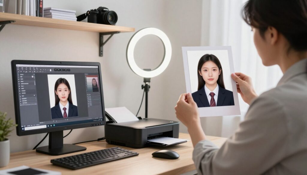 A well-lit home setting featuring a person carefully preparing their own ID photo. The foreground shows a neatly arranged workspace with a computer displaying ID photo editing software, along with a printer ready to print. The individual, dressed in professional business attire, is focused on adjusting lighting and framing using a mirror. In the middle, an LED light ring illuminates the subject’s face, creating a soft glow, while a plain white background ensures a professional look for the photo. The background includes shelves with photo supplies, such as paper and a camera. The atmosphere is calm and focused, lending an air of professionalism to the DIY photo setup. A well-lit home setting featuring a person carefully preparing their own ID photo. The foreground shows a neatly arranged workspace with a computer displaying ID photo editing software, along with a printer ready to print. The individual, dressed in professional business attire, is focused on adjusting lighting and framing using a mirror. In the middle, an LED light ring illuminates the subject’s face, creating a soft glow, while a plain white background ensures a professional look for the photo. The background includes shelves with photo supplies, such as paper and a camera. The atmosphere is calm and focused, lending an air of professionalism to the DIY photo setup.