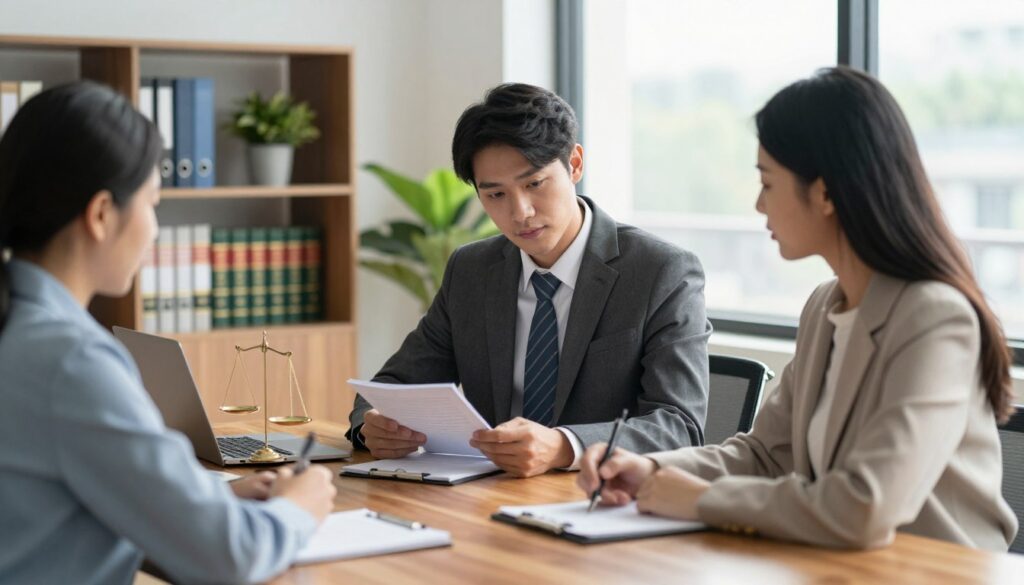 A well-lit, modern office scene featuring a professional lawyer in a tailored suit and a client dressed in business casual attire sitting across from each other at a polished wooden table. The lawyer is attentively reviewing notes and looking engaged, while the client appears focused and prepared, holding a notepad with questions. In the background, a bookshelf filled with legal books and a potted plant add warmth to the environment. The soft, natural light filtering through a large window creates an inviting atmosphere, emphasizing a sense of trust and professionalism. The image conveys a mood of preparation and confidence, illustrating the concept of an effective legal consultation. A well-lit, modern office scene featuring a professional lawyer in a tailored suit and a client dressed in business casual attire sitting across from each other at a polished wooden table. The lawyer is attentively reviewing notes and looking engaged, while the client appears focused and prepared, holding a notepad with questions. In the background, a bookshelf filled with legal books and a potted plant add warmth to the environment. The soft, natural light filtering through a large window creates an inviting atmosphere, emphasizing a sense of trust and professionalism. The image conveys a mood of preparation and confidence, illustrating the concept of an effective legal consultation.