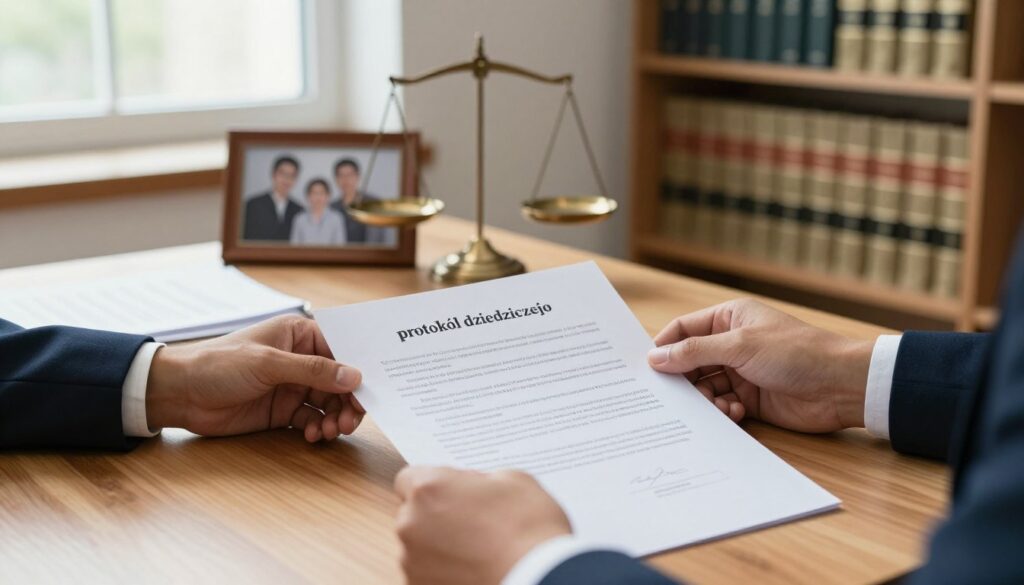 A well-lit office scene showcasing a wooden desk cluttered with legal documents, including a beautifully designed "protokół dziedziczenia" (inheritance protocol). In the foreground, a pair of hands, dressed in professional attire, gently hold the document, highlighting its importance. The middle of the image features a vintage scale symbolizing justice, with a family photo in a frame, representing lineage and inheritance. In the background, there are shelves filled with law books and a window letting in natural light, creating a warm and professional atmosphere. The overall mood should convey seriousness and trust, emphasizing the crucial role of the inheritance protocol in the legal process regarding estate acquisition. Soft focus on the background adds depth to the scene. A well-lit office scene showcasing a wooden desk cluttered with legal documents, including a beautifully designed "protokół dziedziczenia" (inheritance protocol). In the foreground, a pair of hands, dressed in professional attire, gently hold the document, highlighting its importance. The middle of the image features a vintage scale symbolizing justice, with a family photo in a frame, representing lineage and inheritance. In the background, there are shelves filled with law books and a window letting in natural light, creating a warm and professional atmosphere. The overall mood should convey seriousness and trust, emphasizing the crucial role of the inheritance protocol in the legal process regarding estate acquisition. Soft focus on the background adds depth to the scene.
