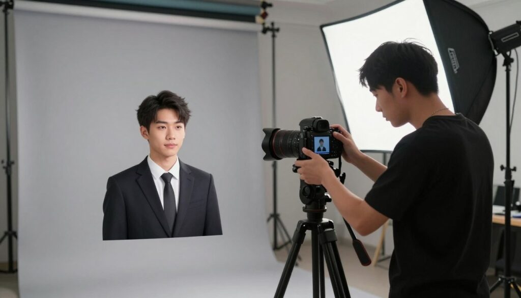 A well-lit professional photography studio, showcasing a modern setup for ID photos. In the foreground, a clean, neutral backdrop in soft gray, emphasizing the subject. A high-quality camera on a tripod is angled slightly downwards, capturing a young adult posing for their ID picture, dressed in professional business attire. The lighting is soft and flattering, illuminating the subject's face without harsh shadows. In the middle ground, a professional photographer is focused on adjusting the camera settings and preparing the scene, while in the background, various photographic equipment, including soft boxes and reflectors, hint at a bustling studio environment. The atmosphere is calm and professional, highlighting the traditional method of ID photography. A well-lit professional photography studio, showcasing a modern setup for ID photos. In the foreground, a clean, neutral backdrop in soft gray, emphasizing the subject. A high-quality camera on a tripod is angled slightly downwards, capturing a young adult posing for their ID picture, dressed in professional business attire. The lighting is soft and flattering, illuminating the subject's face without harsh shadows. In the middle ground, a professional photographer is focused on adjusting the camera settings and preparing the scene, while in the background, various photographic equipment, including soft boxes and reflectors, hint at a bustling studio environment. The atmosphere is calm and professional, highlighting the traditional method of ID photography.