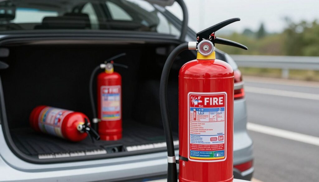 A well-maintained car fire extinguisher displayed prominently in the foreground, highlighting its sleek design and vibrant red color. The extinguisher should feature visible labels and safety certifications, emphasizing its importance in vehicle safety. In the middle ground, depict a partially open car trunk, showcasing additional safety equipment, with a subtle focus on the road beyond. The background should include a blurred view of a roadside, suggesting a highway scenario, under natural daylight. The atmosphere conveys a sense of urgency and professionalism, drawing attention to the necessity of having valid fire extinguisher legalization during roadside checks. Include soft, natural lighting to enhance the details of the fire extinguisher and the surrounding environment, with a slight depth of field effect to create focus. A well-maintained car fire extinguisher displayed prominently in the foreground, highlighting its sleek design and vibrant red color. The extinguisher should feature visible labels and safety certifications, emphasizing its importance in vehicle safety. In the middle ground, depict a partially open car trunk, showcasing additional safety equipment, with a subtle focus on the road beyond. The background should include a blurred view of a roadside, suggesting a highway scenario, under natural daylight. The atmosphere conveys a sense of urgency and professionalism, drawing attention to the necessity of having valid fire extinguisher legalization during roadside checks. Include soft, natural lighting to enhance the details of the fire extinguisher and the surrounding environment, with a slight depth of field effect to create focus.