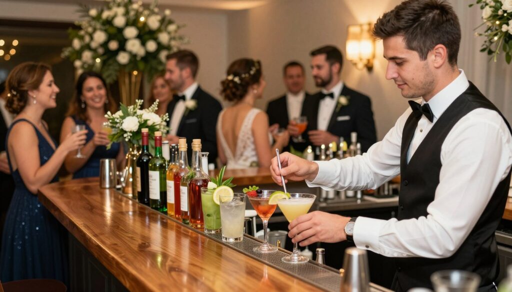 A well-organized bar setup for a wedding reception, featuring a professional bartender in a crisp white shirt and black vest, skillfully preparing stylish cocktails. In the foreground, a polished wooden bar displays an array of colorful spirits, fresh garnishes, and elegant glassware, illuminated by warm, ambient lighting. The middle ground shows guests enjoying drinks, engaged in friendly conversation, dressed in semi-formal wedding attire that reflects joy and celebration. In the background, soft-focus decorations like floral arrangements and string lights create a festive atmosphere. The angle captures both the action at the bar and the lively reception environment, evoking feelings of warmth and hospitality, seamlessly blending logistics and ambiance in the wedding service. A well-organized bar setup for a wedding reception, featuring a professional bartender in a crisp white shirt and black vest, skillfully preparing stylish cocktails. In the foreground, a polished wooden bar displays an array of colorful spirits, fresh garnishes, and elegant glassware, illuminated by warm, ambient lighting. The middle ground shows guests enjoying drinks, engaged in friendly conversation, dressed in semi-formal wedding attire that reflects joy and celebration. In the background, soft-focus decorations like floral arrangements and string lights create a festive atmosphere. The angle captures both the action at the bar and the lively reception environment, evoking feelings of warmth and hospitality, seamlessly blending logistics and ambiance in the wedding service.
