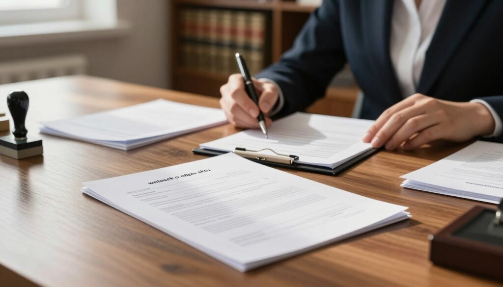 A well-organized desk scene showcasing a formal application for a death certificate copy. In the foreground, an elegant wooden desk features a neatly arranged set of documents, with a focus on a beautifully crafted application form labeled “wniosek o odpis aktu,” featuring a subtle watermark. A sophisticated, professional person dressed in business attire is reviewing the documents, surrounded by a sleek pen and a stamp. In the middle ground, soft natural light filters through a nearby window, casting gentle shadows. The background is blurred but suggests an office setting with bookshelves filled with legal texts, enhancing the atmosphere of professionalism and seriousness. The overall mood is focused and administrative, reflecting the importance of the task at hand. A well-organized desk scene showcasing a formal application for a death certificate copy. In the foreground, an elegant wooden desk features a neatly arranged set of documents, with a focus on a beautifully crafted application form labeled “wniosek o odpis aktu,” featuring a subtle watermark. A sophisticated, professional person dressed in business attire is reviewing the documents, surrounded by a sleek pen and a stamp. In the middle ground, soft natural light filters through a nearby window, casting gentle shadows. The background is blurred but suggests an office setting with bookshelves filled with legal texts, enhancing the atmosphere of professionalism and seriousness. The overall mood is focused and administrative, reflecting the importance of the task at hand.