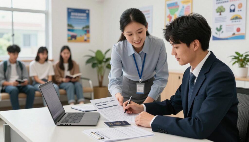 A well-organized government office setting, showcasing a student-oriented application procedure. In the foreground, a young adult in professional attire is attentively filling out a passport application form at a sleek desk, surrounded by essential documents and a laptop. The middle ground features an approachable clerk providing guidance, happily assisting students, with motivational posters about travel and education on the walls. In the background, we see a slightly blurred line of eager students waiting in a cozy, well-lit waiting area, creating an atmosphere of anticipation and professionalism. Soft, natural lighting filters through large windows, enhancing the welcoming mood. The scene is captured with a slight depth of field effect, focusing on the interaction between the student and clerk, emphasizing the importance of the application process. A well-organized government office setting, showcasing a student-oriented application procedure. In the foreground, a young adult in professional attire is attentively filling out a passport application form at a sleek desk, surrounded by essential documents and a laptop. The middle ground features an approachable clerk providing guidance, happily assisting students, with motivational posters about travel and education on the walls. In the background, we see a slightly blurred line of eager students waiting in a cozy, well-lit waiting area, creating an atmosphere of anticipation and professionalism. Soft, natural lighting filters through large windows, enhancing the welcoming mood. The scene is captured with a slight depth of field effect, focusing on the interaction between the student and clerk, emphasizing the importance of the application process.