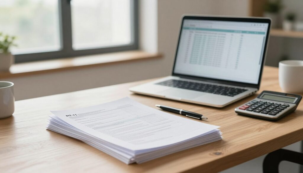 A well-organized office desk scene focusing on document preparation for tax filing. In the foreground, a neatly stacked pile of financial documents, with a visible PIT-11 form on top, alongside a pen and a calculator. The middle ground features a laptop with spreadsheets open, showing calculations. In the background, a large window allows soft, natural light to illuminate the space, casting gentle shadows. The atmosphere conveys professionalism and diligence, suggesting the viewer is preparing for a serious office task. The setting is clean and minimalistic, with subtle touches like a coffee mug and a plant, creating a comfortable yet focused environment, styled in warm tones to enhance the mood. No people are present in the scene. A well-organized office desk scene focusing on document preparation for tax filing. In the foreground, a neatly stacked pile of financial documents, with a visible PIT-11 form on top, alongside a pen and a calculator. The middle ground features a laptop with spreadsheets open, showing calculations. In the background, a large window allows soft, natural light to illuminate the space, casting gentle shadows. The atmosphere conveys professionalism and diligence, suggesting the viewer is preparing for a serious office task. The setting is clean and minimalistic, with subtle touches like a coffee mug and a plant, creating a comfortable yet focused environment, styled in warm tones to enhance the mood. No people are present in the scene.